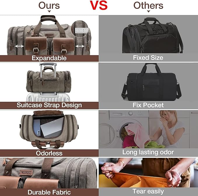 Wildroad 60L Travel Duffel Bag, Expandable Canvas Genuine Leather Duffle Bag Upgraded Overnight Weekender Bag Carry on Bag