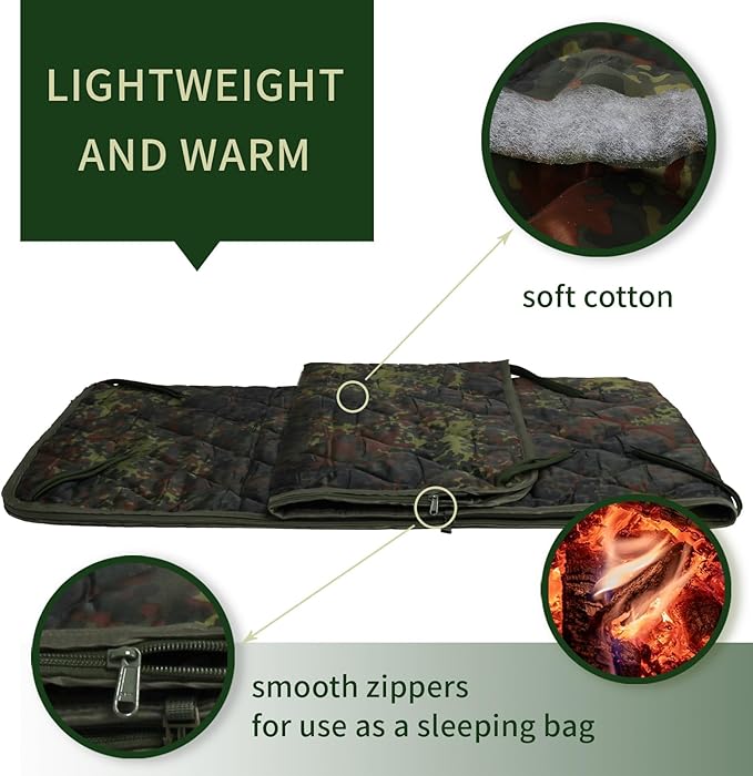 GRVCN Military Blanket - Camping Sleeping Bag with Zipper, Poncho Liner Thermal Insulated Blanket, Lightweight Portable Outdoor Hiking Survival Compression Carry Bag