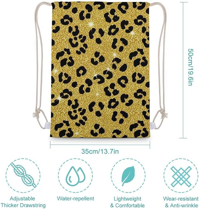 Canvas Drawstring Bag for Men Women, Black Gold Glitter Wild Chic Animal Cheetah Leopard Ptint Gym Workout Backpack, Lightweight Drawstring Backpack for Workout Travel