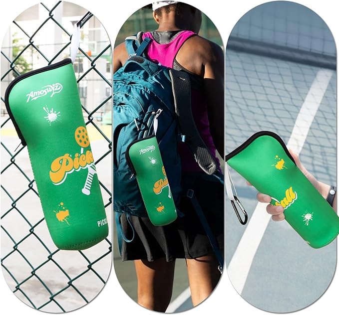Pickleball Ball Holder - 1 Pc Pickle Ball Storage Bag, Portable Tennis Pouch with Hook for Fence, Premium Neoprene Material Bottle Holder, Pickleball Accessory Black Red Green Yellow Color