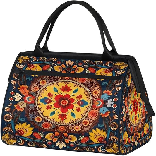 Travel Duffle Bag, Ethnic Florals Mandala Overnight Weekender Tote Bag for Women Men Waterproof Carry On Luggage with Zipper Lightweight Sport Gym Bag for Traveling Yoga Camping Traveling Gifts