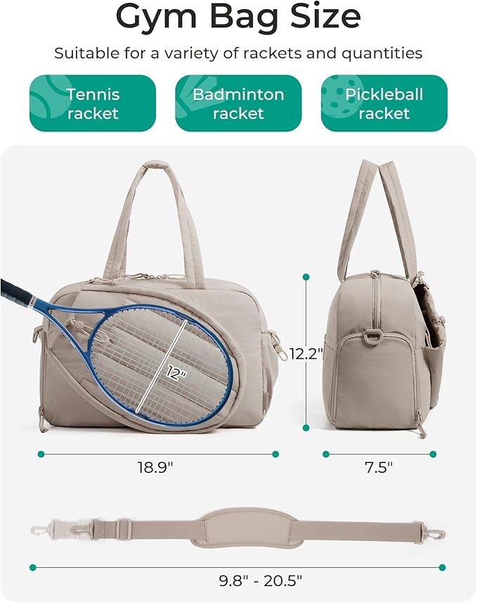 BAGSMART Tennis Gym Bag for Women, Tennis Bag Holds 2 Rackets with Shoe Compartment & Wet Pocket, Sports Duffle Bags fits up to 15.6" Laptop, Women Overnight Weekend Bag