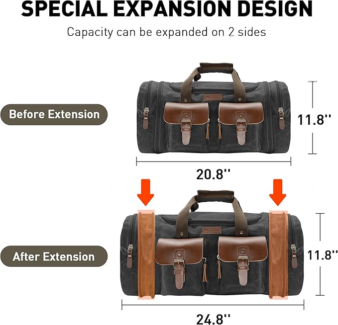 Wildroad 50L Travel Duffel Bag, Expandable Waxed Canvas Genuine Leather Duffle Bag Upgraded Overnight Weekender Bag Carry on Bag (Vintage Black, Large-50L)