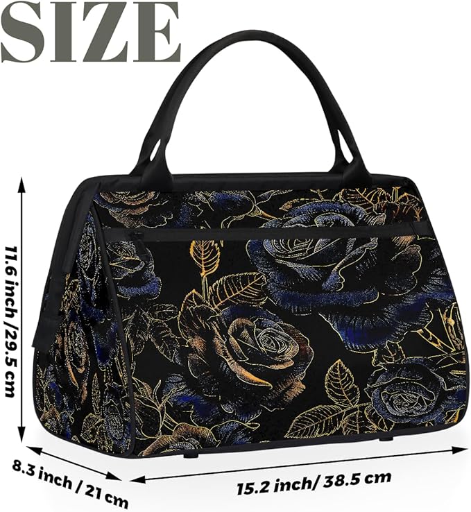 Flower Gold Blue Rose Travel Duffle Bag, Overnight Weekender Tote Bag for Women Men Waterproof Carry On Luggage with Zipper Lightweight Sport Gym Bag for Traveling Yoga Camping Traveling Gifts