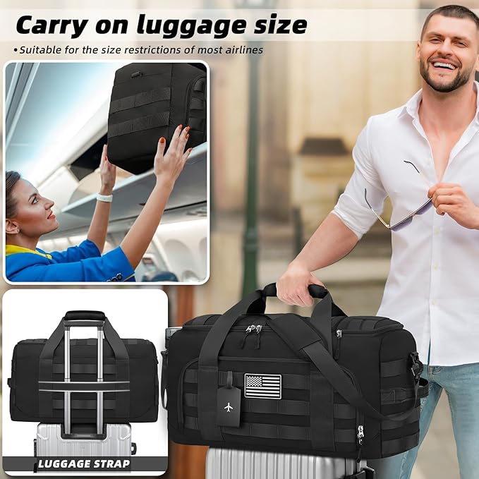 ZOMFELT Tactical Gym Bags for Men, 52L Travel Duffle Bag with Removable Dividers & Innovative Shoe Compartment, 3-in-1 Waterproof MOLLE Gym Duffel Backpack, Airplane Carry-On Approved, Black