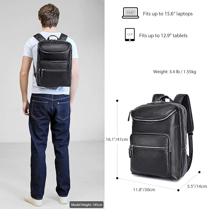 LANNSYNE Leather Backpack For Men, 15.6" Leather Laptop Backpack Hiking Travel Bag Camping Rucksack
