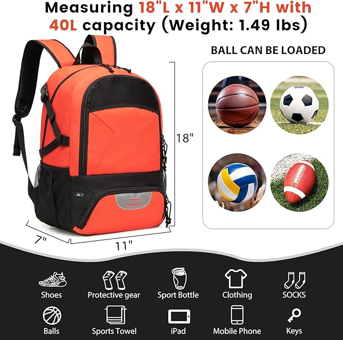 Basketball Backpack - Large Sports Equipment Bag with Ball Holder & Shoe Compartment for Basketball. (red)