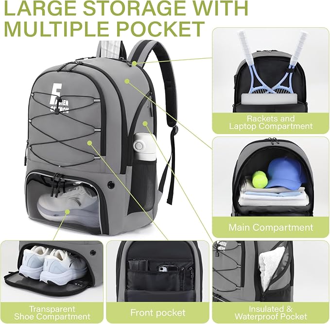 Tennis Bag,Pickleball Bag with Shoe Compartment and Cooler,Fence Hook Design Basketball Backpack for Tennis/Pickleball/Basketball Sport