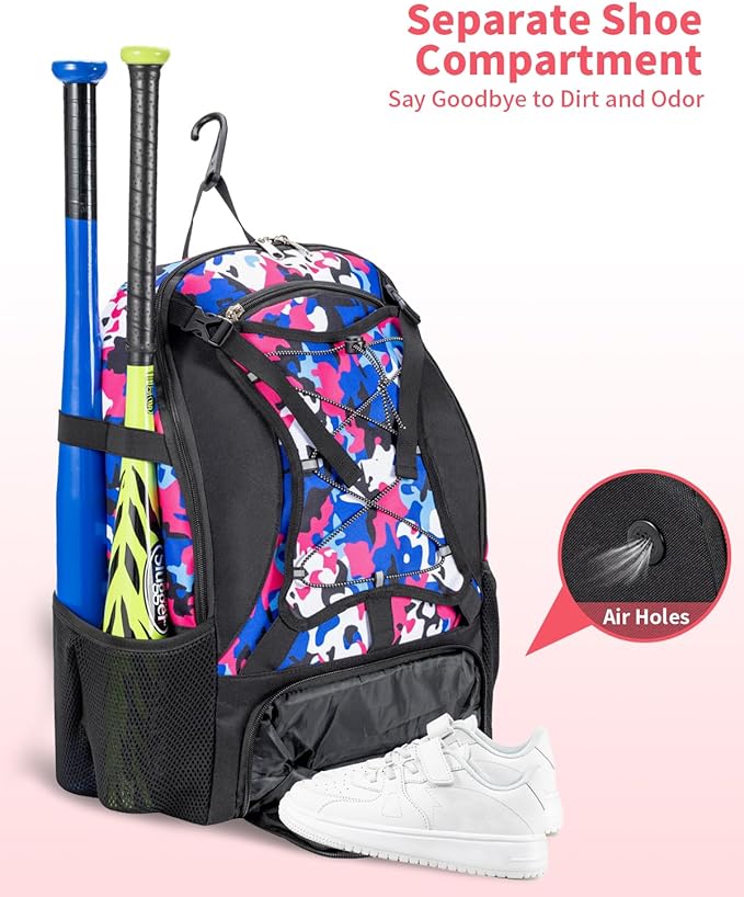 Youth Baseball Bag, Softball Bat Bag for Girls Boys & Adults, Kids Tball Backpack with Shoes Compartment, Large Capacity Equipment Backpack