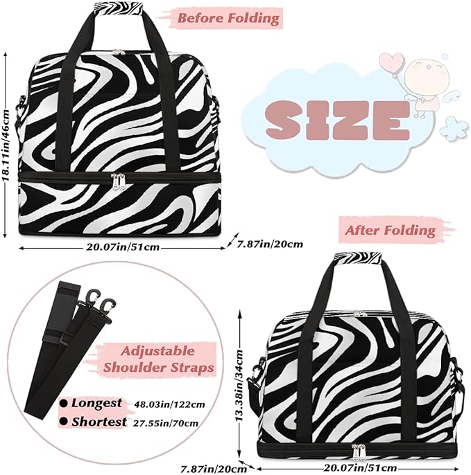 Black And White Zebra Stripes Travel Duffle Bags With Shoes Compartment for Women Men Weekender Overnight Bag Foldable Sports Tote Gym Carry On Luggage Handlebag for Travel Yoga Hospital Workout