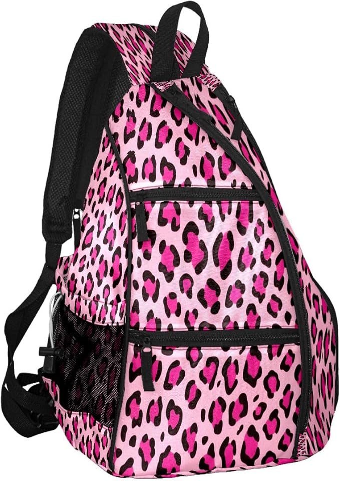 Brown Leopard Print Premium Nylon Pickleball Backpack, 3-in-1 Convertible Shoulder Crossbody Sling Bag for Women Men, Lightweight Bag Fits 2-4 Pickleball Paddles & Tennis Sports Gear