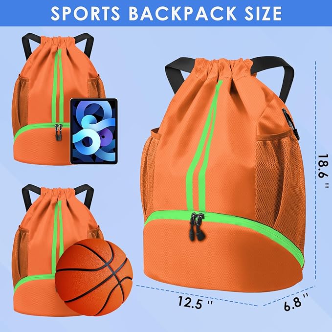 BROTOU Soccer Bags, Football Backpack, Volleyball Bag, Drawstring Backpack with Ball and Shoe Compartment, Football bags for Equipment Swim Gym Bag