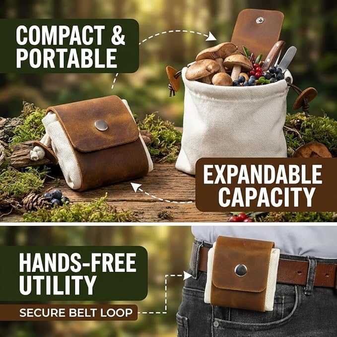 Toprank Leather Foraging Pouch – Collapsible Canvas and Leather Belt Bag for Hiking, Mushroom, Rock & Shell Collecting (Camel/Off-White)