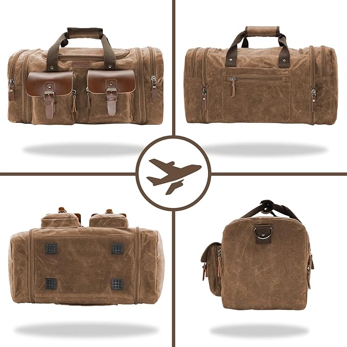 Wildroad Waxed Canvas Duffle Bag - 60L Waterproof Genuine Leather Weekender Overnight Travel Hand Bag