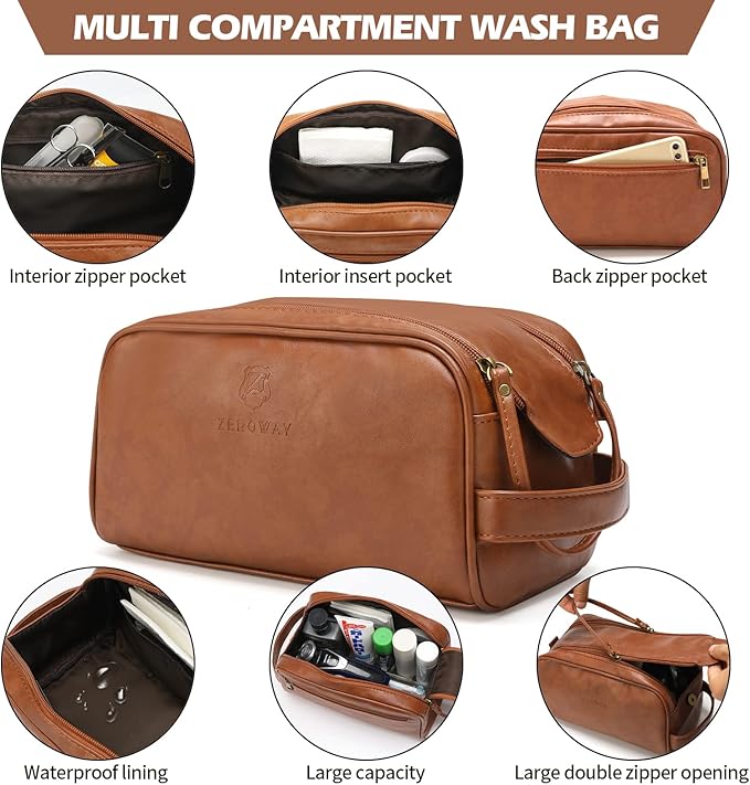 Zeroway PU Leather Travel Duffel Bag with Toiletry Dopp Kit and Laundry Bag, Weekender Overnight bag Luggage Carry-On Bag with Shoe Pouch for Men or Women Brown