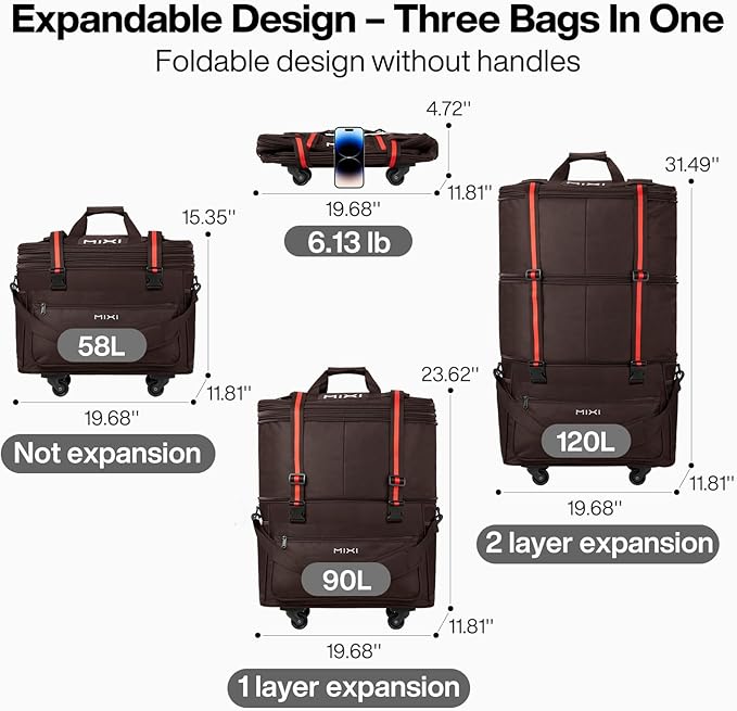 mixi Travel Bag with Wheels Expandable Foldable Luggage Bag Collapsible Rolling Travel Duffel Bags Large Capacity Suitcase for Men Women, Brown