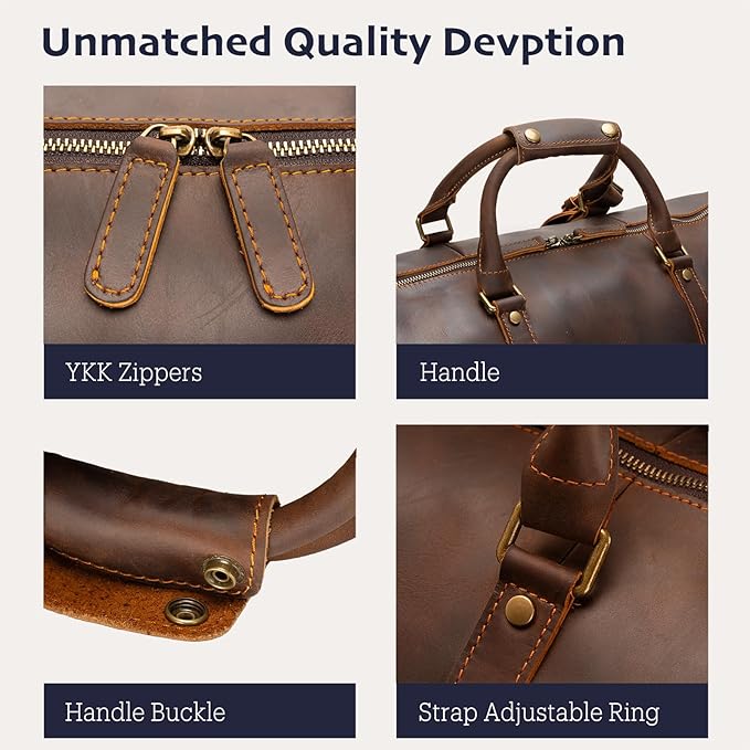 Leather Duffle Bags for Men with Shoe Compartment – 23.6" x 12.6" x 11" Travel Bag, Gym Bag, Also Suitable for Crossbody or Shoulder Carry, Brown Large Size