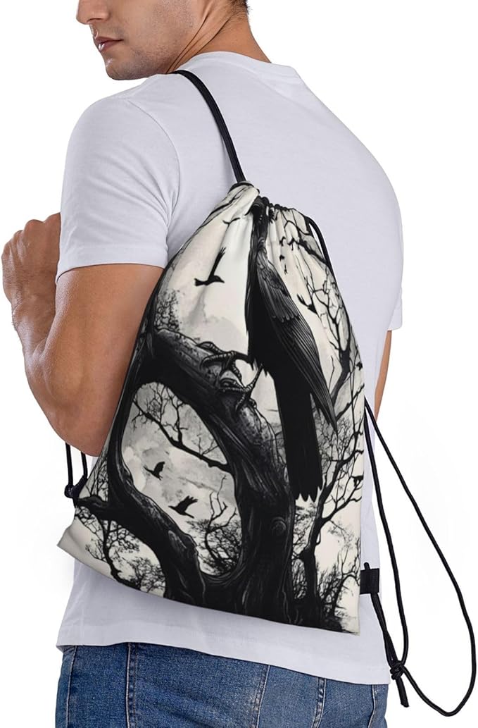 Black Crow Pattern Drawstring Backpack Bag - Sports Gym Sack For Women Men