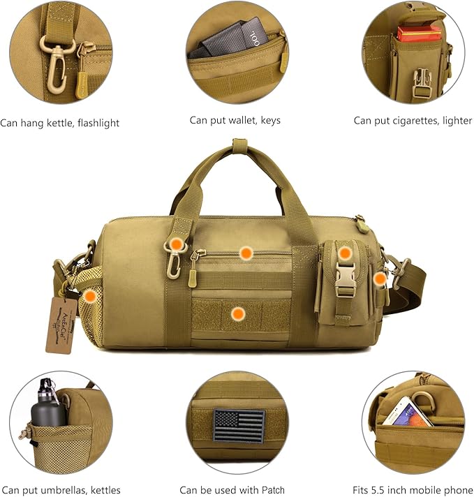 ArcEnCiel Small Tactical Duffle Bag Men Gym Pack Military Molle Shoulder Bags Shoes Storage Sports Handbag with Patch (Coyote Brown)