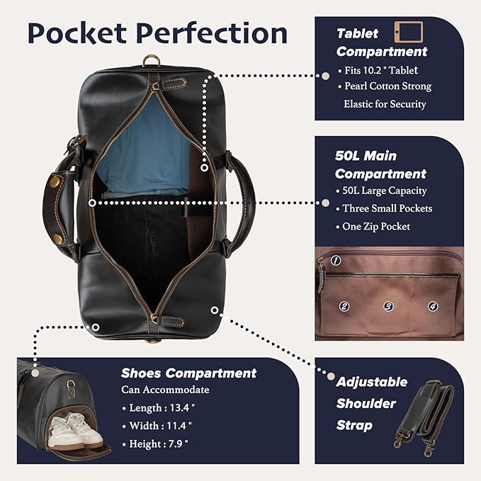 Leather Duffle Bags for Men with Shoe Compartment – 23.6" x 12.6" x 11" Travel Bag, Gym Bag, Also Suitable for Crossbody or Shoulder Carry, Black Large Size