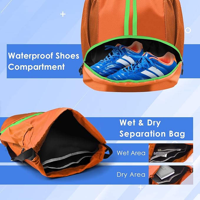 BROTOU Soccer Bags, Football Backpack, Volleyball Bag, Drawstring Backpack with Ball and Shoe Compartment, Football bags for Equipment Swim Gym Bag