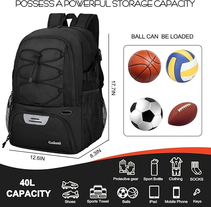 Goloni Basketball Backpack,Large Sports Bag with Ball Compartment & Shoe Compartment,Basketball Bag Fit Volleyball, soccer,Gym