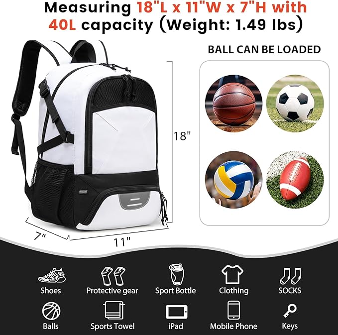 Basketball Backpack - Large Sports Equipment Bag with Ball Holder & Shoe Compartment for Basketball. (white)