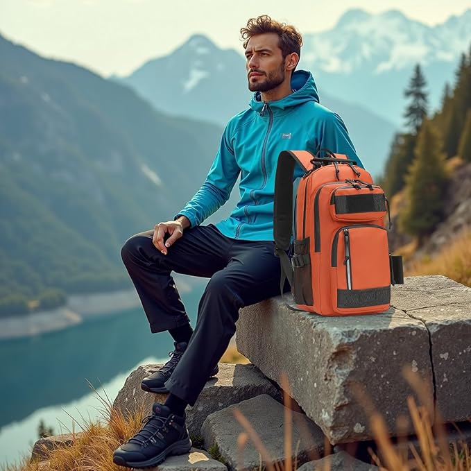 35L Fishing Backpack with Rod Holder, Waterproof Tackle Sling Crossbody Bag with Multi Pocket for Fishing Camping Hunting Hiking, Orange