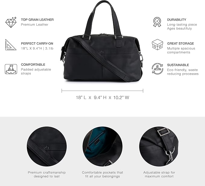 Black Top Grain Leather Duffle Bag for Men & Women - Large, Durable, Stylish Leather Travel Bag with Adjustable Shoulder Strap, Spacious Design for Weekend Getaways, Business, & Overnight Trips