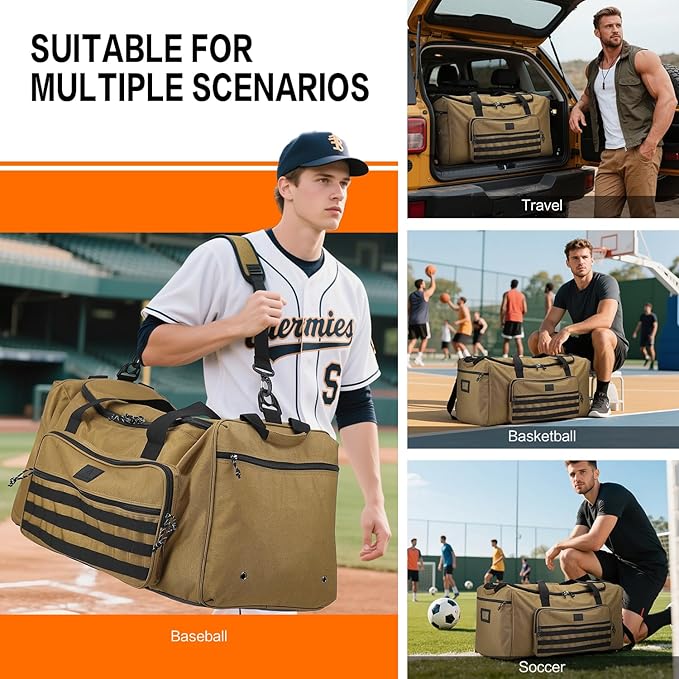 120L Extra Large Gym Duffle Bag for Men Women with Shoes Compartment Heavy Duty Tactical Sports Duffel Bag Big Football Baseball Basketball Soccer Hockey Team Equipment Bag, Brown