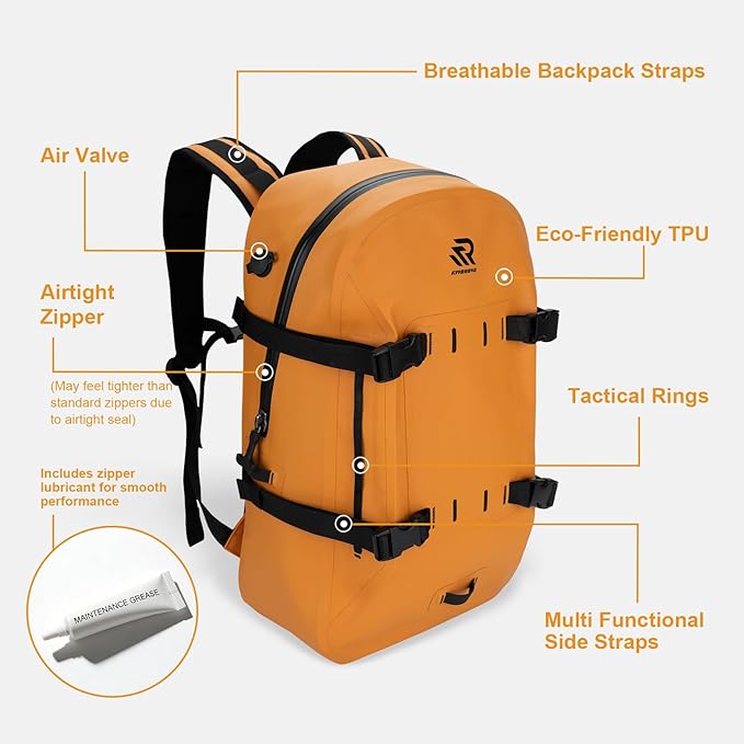 Airtight Waterproof Backpack 30L, Floating Dry Bag with Resin Zipper, IPX7 Gear Protection Large Capacity for Men, Kayaking, Paddle Boarding, Fishing, Travel, Surfing, Work, Outdoor Orange
