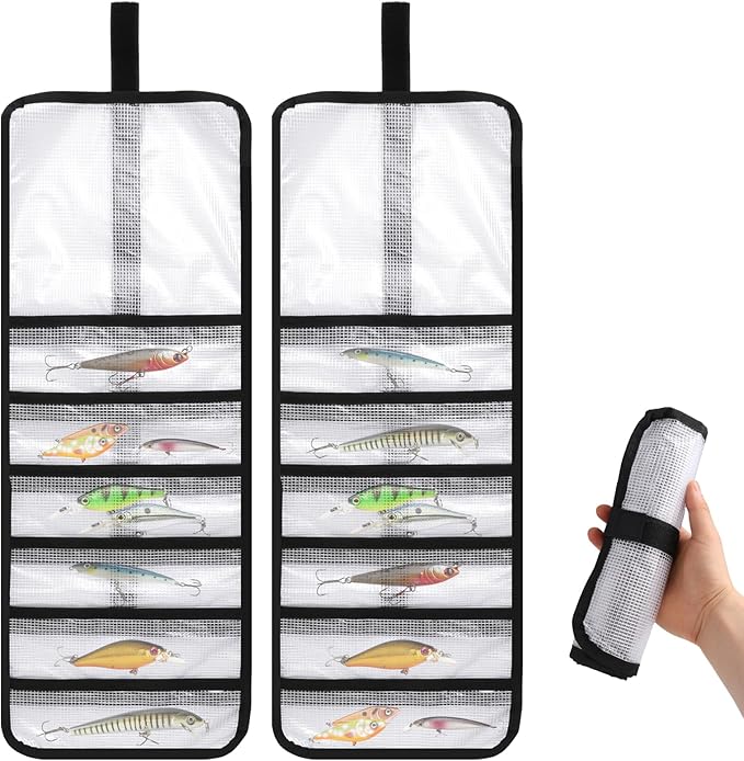 12 Pocket Roll Up Fishing Lure Wraps Set, Portable Durable Lure Bag Clear PVC Lure Wrap Protective Cover Saltwater Hook Covers Fabric Lure Protector Trolling Lure Tackle Box for Fishing Rod