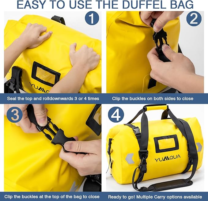 YUMQUA Waterproof Duffel Bag, Motorcycle Duffle Bag, Heavy Duty Roll Top Large Dry Bags Waterproof with Durable Straps & Handle for Travel Outdoor Boating Rafting Kayaking Camping Paddle boarding