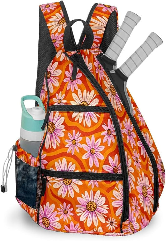 Pickleball Bag Daisy Flowers Orange Pickle Ball Backpack for Women Men Premium Lightweight Crossbody Sling Bag Sports Backpack for Pickleball Paddle Tennis