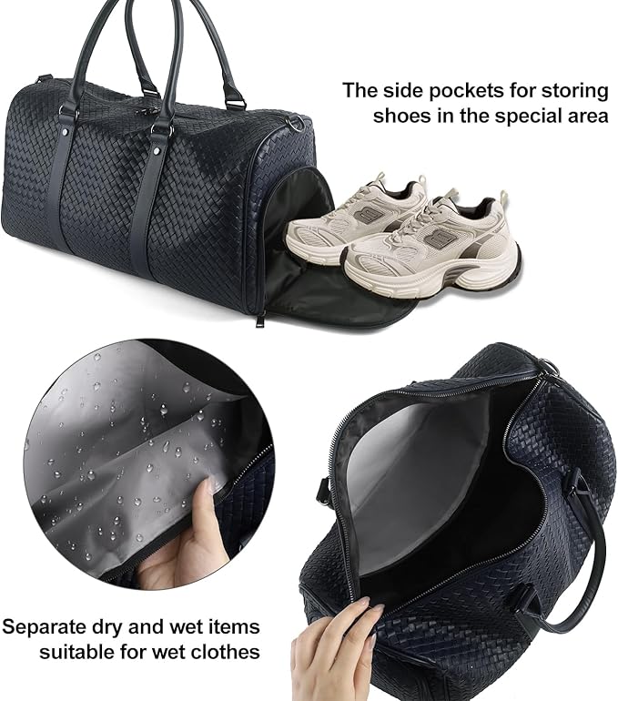 Weekender Bags for Women Woven Leather Travel Duffel Bag with Shoe Compartment, Carry On Garment Bag for Men Women, Large Capacity Water-resistant Gym Tote (Dark Blue)