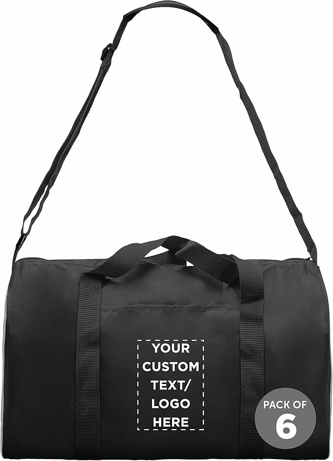 6 Sporty Duffle Bags Set - Customizable Text, Logo - Polyester, Adjustable Strap, Front Pocket, Roll Styling - Black