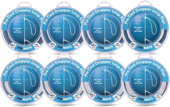 80 lb Pre-Tied Dropper Loop Rigs. Fishing Line Spool. Loops 18 Inches Apart with 5.5 Inch Loop Size. Perfect for Saltwater & Freshwater Fishing. Perfect for Snapper & Other Bottom Feeding Fish.