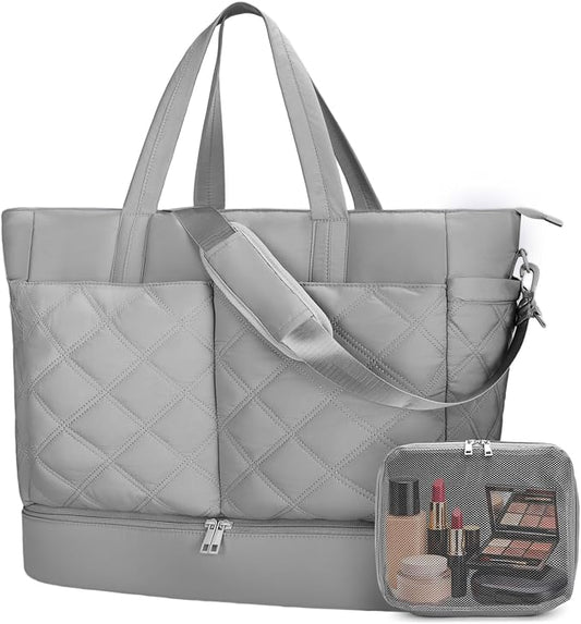 Weekender Bag for Women Men, Large Overnight Bag Faux Leather Travel Duffel Bag with Shoe Compartment Toiletry Packing Cube Carry On Bag Fit 21" Laptop 3Pcs Set (2PCS Grey)