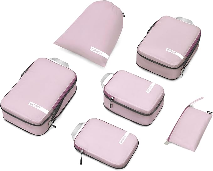 Cipway Compression Packing Cubes for Travel Ultralight Expandable Packing Organizers with Laundry & Toiletry Bag for Carry on Luggage (Mauve Pink 6 Set)