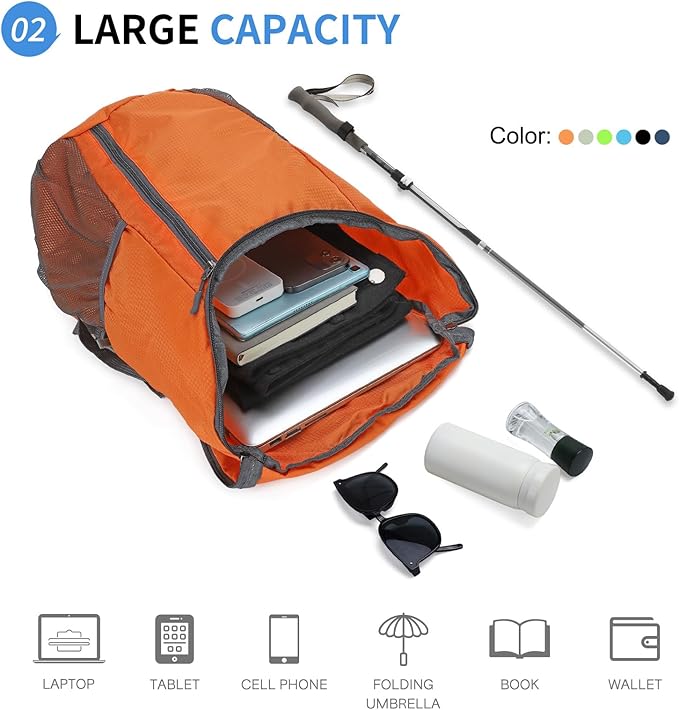 Hiking Backpack, 20L Packable Daypack for Men Women, Nylon with Adjustable Straps, Lightweight Waterproof Outdoor Camping Travel, Orange