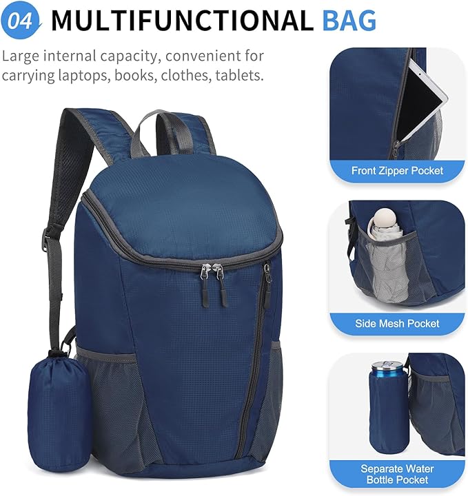 Hiking Backpack, 20L Packable Daypack for Men Women, Nylon with Adjustable Straps, Lightweight Waterproof Outdoor Camping Travel, Blue