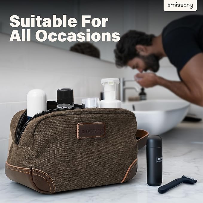 emissary Men's Toiletry Bag, Leather and Canvas Travel Toiletry Bag, Dopp Kit for Men, Travel Bathroom Bag Men's Shaving Kit, Travel Kit Small Bags for Men, Shaving Bag for Travel Accessories (Coffee)
