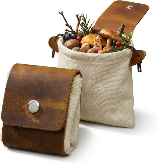 Toprank Leather Foraging Pouch – Collapsible Canvas and Leather Belt Bag for Hiking, Mushroom, Rock & Shell Collecting (Camel/Off-White)