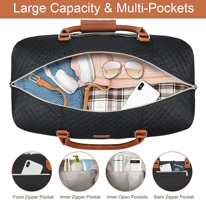 Weekender Bag for Women, Travel Duffel Bag Carry On Overnight Bag with Shoe Compartment Large Nylon Travel Weekend Tote Bag