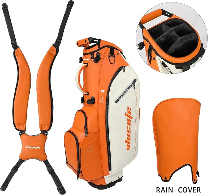 WOSOFE PU Golf Bag with 6/14 Way Top Dividers Automatically Adjustable Dual Straps Elegant Design for Men Women Pu Golf Stand Bag with Multiple Pockets