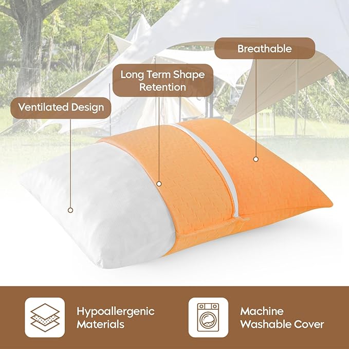 Small Shredded Memory Foam Pillow, Camping Pillow Travel Pillow - Compressible Medium Firm, Breathable Cover, Ideal Backpacking Hiking, Airplane and Car (Apricot Yellow, S)