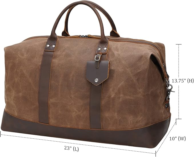 Polare 23” Waterproof Travel Duffel Bag Waxed Canvas Cowhide Leather Trim Luggage for Gym 55L Weekender Overnight Carry on Bag (Brown-23")