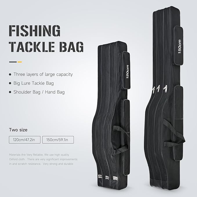 3 Layers Fishing Pole Bag,Portable 3 Layers Oxford Folding Rod Carry Case,Fishing Reel Tackle Storage Bag Case