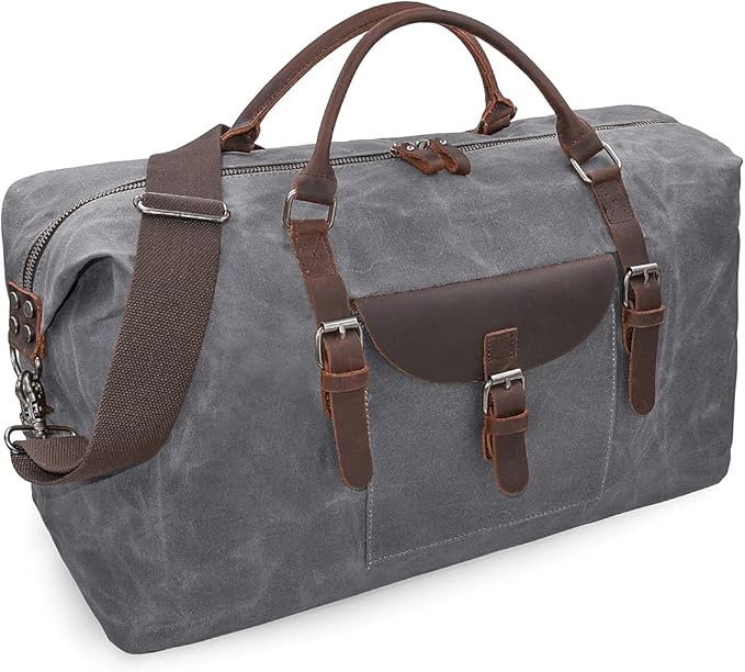 Oversized Travel Duffel Bag Waterproof Canvas Genuine Leather Weekend bag Weekender Overnight Carryon Hand Bag Grey