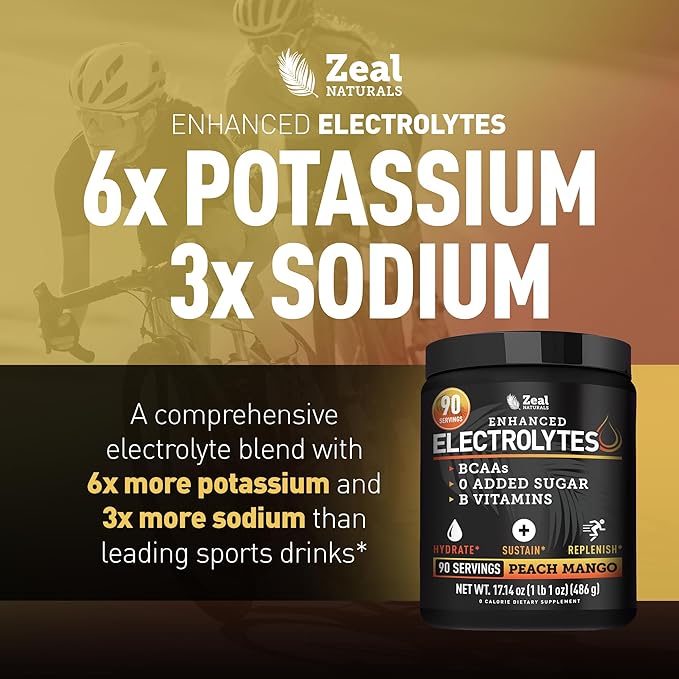 Zeal Electrolyte Powder - 90 Servings | Keto Electrolytes Powder | Zero Sugar, BCAAs, B-Vitamins | Potassium, Zinc, Magnesium | Hydration Powder Recovery Drink | Peach Mango
